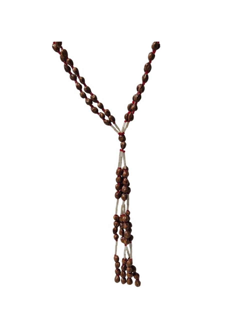 Beaded Tassel Necklace Brown Red White Double Strand Boho Earthy Rustic Festival